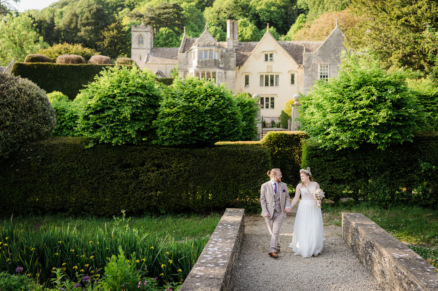Bride and groom at Owlpen Manor